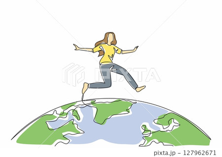 Single one line drawing a woman in casual clothes jumps on half a globe. A symbolism. Female parkour players have gone global. Art. We Jump The World Day. Continuous line design graphic illustration 127962671