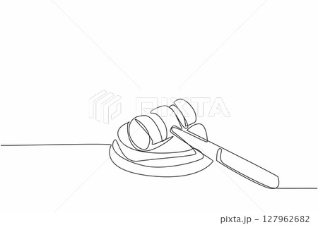 Single continuous line drawing judge gavel lying position on its wooden base. The gavel banging of the judge presiding over the trial of the case. Verdict. Law Day. One line design vector illustration 127962682