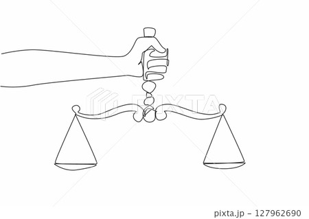 Single continuous line drawing human hand holding a scale. Symbolism. Uphold just laws. Create a sense of security for others. Equality before the law. Law Day. One line design vector illustration Single continuous line drawing human hand holding a scale. Symbolism. Uphold just laws. Create a sense of security for others. Equality before the law. Law Day. One line design vector illustration 127962690