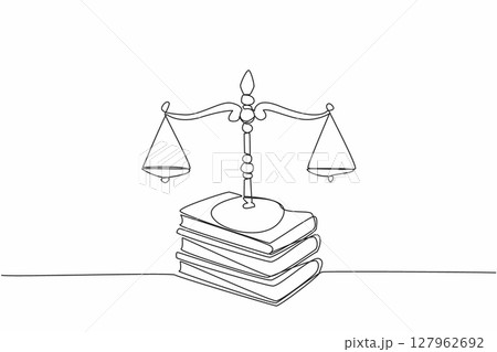 Continuous one line drawing scale on top of 3 stacks of thick books. Symbol of the rule of law. Just law. Justice makes society safe. Equality. Law Day. Single line draw design vector illustration Continuous one line drawing scale on top of 3 stacks of thick books. Symbol of the rule of law. Just law. Justice makes society safe. Equality. Law Day. Single line draw design vector illustration 127962692