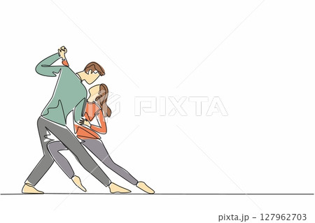 Single one line drawing married couple dancing on the dancefloor. Music makes the dance feel more romantic. Looking into the eyes. International Dance Day. Continuous line design graphic illustration 127962703