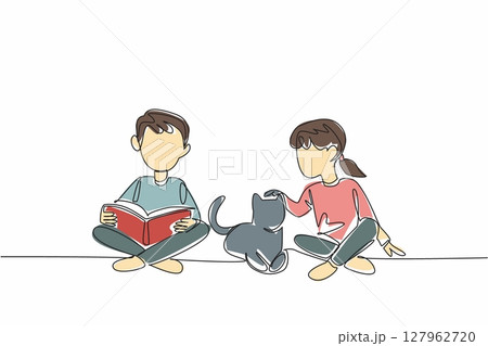 Continuous one line drawing a boy and girl sitting cross legged on the floor and boy is reading a book to cat. The cat lover. National Pet Parents Day. Single line draw design vector illustration Continuous one line drawing a boy and girl sitting cross legged on the floor and boy is reading a book to cat. The cat lover. National Pet Parents Day. Single line draw design vector illustration 127962720