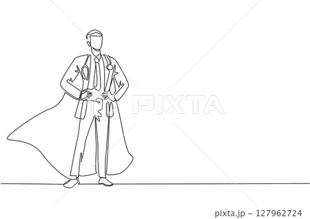 Single one line drawing male doctor standing wearing robe and wings. Completed major surgical task. Emergency. The true super hero. National Superhero Day. Continuous line design graphic illustration Single one line drawing male doctor standing wearing robe and wings. Completed major surgical task. Emergency. The true super hero. National Superhero Day. Continuous line design graphic illustration 127962724