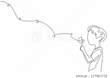 Continuous one line drawing boy holds a dandelion and blows on it so that the flakes fly. Pray and float the hopes into the sky. Dream. World Wish Day. Single line draw design vector illustration 127962728