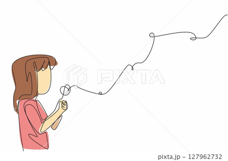 Single continuous line drawing a cute girl blows on a dandelion and the flakes fly. Ritual before making a wish. Hereditary beliefs. Very pleasant. World Wish Day. One line design vector illustration 127962732