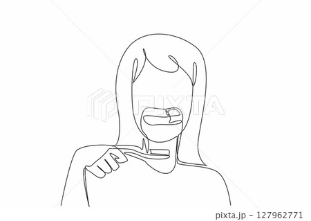 Continuous one line drawing woman opens mouth and shows teeth with bleeding gums and toothbrush. Infection. Gingivitis. International Scurvy Awareness Day. Single line draw design vector illustration 127962771