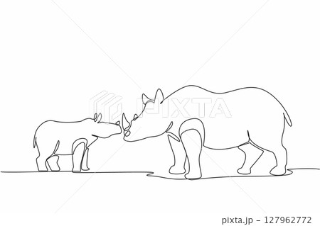 Single continuous line drawing the mother rhino and baby rhino stand facing each other and put heads together. Animal language. Communication. Save the Rhino Day. One line design vector illustration 127962772