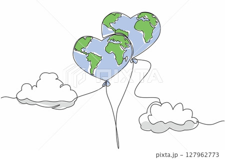 Single continuous line drawing 2 heart shaped globes tied like balloons with clouds. Take care of earth as seriously as child takes care of a toy. Global Love Day. One line design vector illustration 127962773