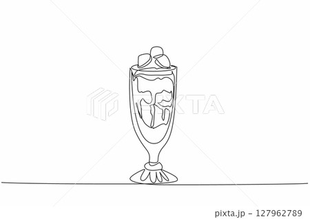 Continuous one line drawing chocolate parfait in a glass with various layers. Fresh summer drink. Sweet and delicious. National Chocolate Parfait Day. Single line draw design vector illustration Continuous one line drawing chocolate parfait in a glass with various layers. Fresh summer drink. Sweet and delicious. National Chocolate Parfait Day. Single line draw design vector illustration 127962789
