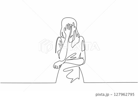 Single one line drawing woman crosses one arm in front of stomach and covers face with other hand. Depression to nausea. National Anxiety Screening Day. Continuous line design graphic illustration Single one line drawing woman crosses one arm in front of stomach and covers face with other hand. Depression to nausea. National Anxiety Screening Day. Continuous line design graphic illustration 127962795