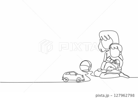 Single continuous line drawing older sister sitting on the floor and holding younger brother. Sibling harmony. Playing together. National Brothers and Sisters Day. One line design vector illustration Single continuous line drawing older sister sitting on the floor and holding younger brother. Sibling harmony. Playing together. National Brothers and Sisters Day. One line design vector illustration 127962798