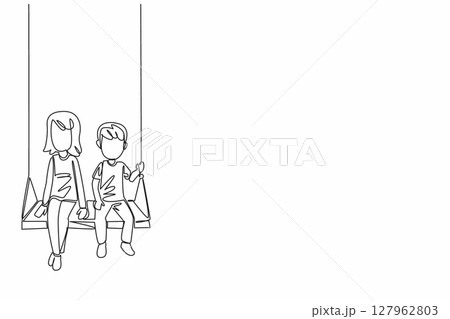 Continuous one line drawing little brother and big sister sitting together on a swing. Vacation together in the park. National Brothers and Sisters Day. Single line draw design vector illustration 127962803