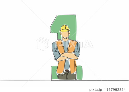 Single continuous line drawing worker crossing his arms in the middle of the big number 1. A reminder to respect the struggle and rights of workers. Labor. May Day. One line design vector illustration Single continuous line drawing worker crossing his arms in the middle of the big number 1. A reminder to respect the struggle and rights of workers. Labor. May Day. One line design vector illustration 127962824
