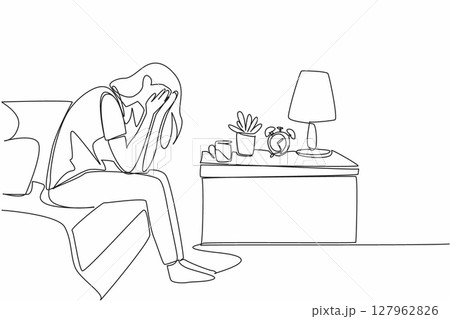 Single one line drawing man sitting on the edge of the bed covering face with both hands. Woke up from a nightmare. Stress. National Anxiety Screening Day. Continuous line design graphic illustration Single one line drawing man sitting on the edge of the bed covering face with both hands. Woke up from a nightmare. Stress. National Anxiety Screening Day. Continuous line design graphic illustration 127962826