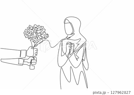 Continuous one line drawing Arabian woman clasps hands in front of chest when given bouquet of flowers. Surprise from a loved one. Couple Appreciation Day. Single line draw design vector illustration Continuous one line drawing Arabian woman clasps hands in front of chest when given bouquet of flowers. Surprise from a loved one. Couple Appreciation Day. Single line draw design vector illustration 127962827