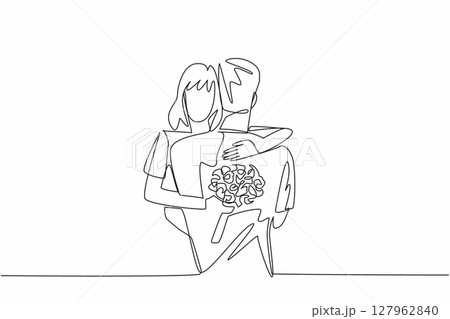 Single continuous line drawing husband and wife hugging with wife carrying a bouquet of flowers. Expression of deepest affection. Love. Couple Appreciation Day. One line design vector illustration 127962840
