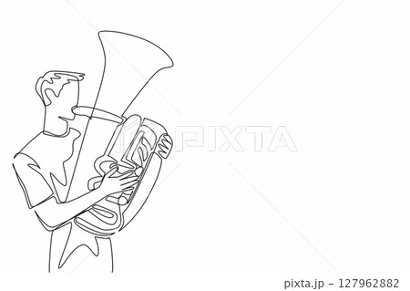 Continuous one line drawing casually dressed man playing the tuba. Producing a pleasant tone. Street musician. Modern. Harmony. Jazz. National Tuba Day. Single line draw design vector illustration Continuous one line drawing casually dressed man playing the tuba. Producing a pleasant tone. Street musician. Modern. Harmony. Jazz. National Tuba Day. Single line draw design vector illustration 127962882