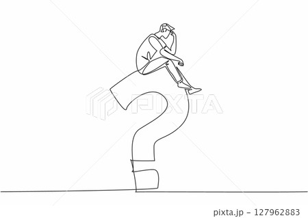 Continuous one line drawing young man sitting on a big question mark while contemplating. Miscalculation. Regret the choice deeply. National Day of Reason. Single line draw design vector illustration Continuous one line drawing young man sitting on a big question mark while contemplating. Miscalculation. Regret the choice deeply. National Day of Reason. Single line draw design vector illustration 127962883