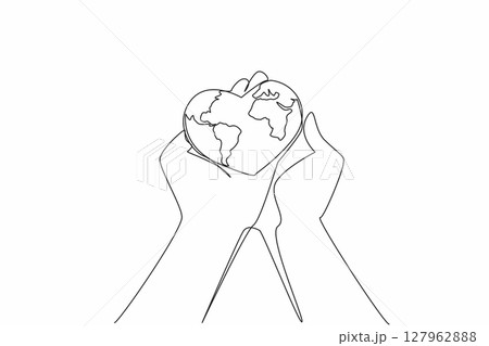 Single continuous line drawing 2 palms hold a heart shaped globe. Loving and careful treatment to keep the earth safe. Go green. Eco friendly. Global Love Day. One line design vector illustration Single continuous line drawing 2 palms hold a heart shaped globe. Loving and careful treatment to keep the earth safe. Go green. Eco friendly. Global Love Day. One line design vector illustration 127962888