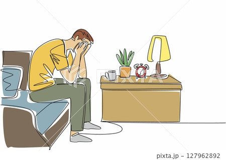 Single one line drawing man sit on edge of bed covering face with both hands. Frustration carries over to home. Insomnia. National Anxiety Screening Day. Continuous line design graphic illustration Single one line drawing man sit on edge of bed covering face with both hands. Frustration carries over to home. Insomnia. National Anxiety Screening Day. Continuous line design graphic illustration 127962892