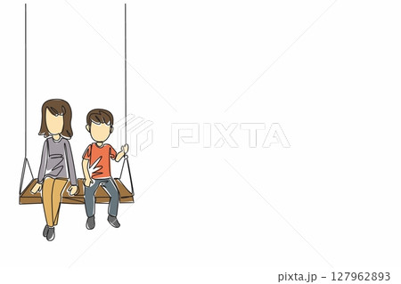 Continuous one line drawing little brother and big sister sitting together on a swing. Vacation together in the park. National Brothers and Sisters Day. Single line draw design vector illustration Continuous one line drawing little brother and big sister sitting together on a swing. Vacation together in the park. National Brothers and Sisters Day. Single line draw design vector illustration 127962893