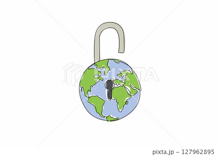 Continuous one line drawing globe made into an open padlock with a keyhole in the middle. Added passkey for easy login. Biometric. World Password Day. Single line draw design vector illustration 127962895