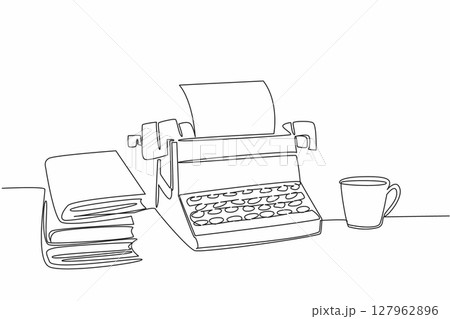 Single continuous line drawing a typewriter with paper and a mug and a pile of books. Books as good inspiration for useful writing. Expert writer. Wordsmith Day. One line design vector illustration Single continuous line drawing a typewriter with paper and a mug and a pile of books. Books as good inspiration for useful writing. Expert writer. Wordsmith Day. One line design vector illustration 127962896