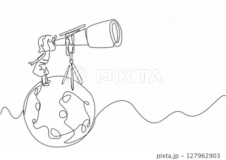 Continuous one line drawing little girl looking through giant telescope at the moon. Star cluster observer. Comet. Little scientist. National Space Day. Single line draw design vector illustration 127962903