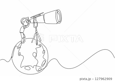 Single one line drawing boy looking through giant telescope at the moon. Studying the knowledge that exists in outer space. Scientist. National Space Day. Continuous line design graphic illustration Single one line drawing boy looking through giant telescope at the moon. Studying the knowledge that exists in outer space. Scientist. National Space Day. Continuous line design graphic illustration 127962909