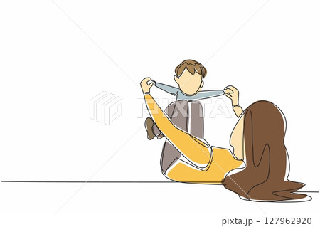 Continuous one line drawing mother lying on the floor while playing with baby. Sunbathing in the morning. Healthy. Activities in the park. Play. Baby Day. Single line draw design vector illustration Continuous one line drawing mother lying on the floor while playing with baby. Sunbathing in the morning. Healthy. Activities in the park. Play. Baby Day. Single line draw design vector illustration 127962920