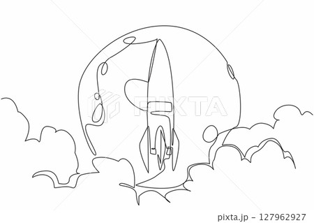 Single one line drawing rocket flies in the middle of moon. Purpose of the expedition. Exploring the mysteries of the ever dark moon. National Space Day. Continuous line design graphic illustration 127962927