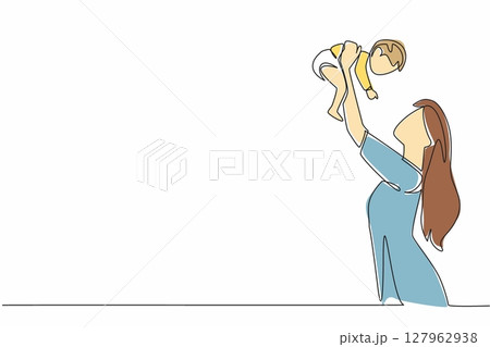 Continuous one line drawing the mother lifts the baby with both hands above her head. Wanting to make the child laugh happily. Infinite happiness. Baby Day. Single line draw design vector illustration 127962938