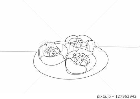Continuous one line drawing 3 raspberry popovers on a small plate. High fiber snack for kids. For the weekend. Delectation. National Raspberry Popover Day. Single line draw design vector illustration Continuous one line drawing 3 raspberry popovers on a small plate. High fiber snack for kids. For the weekend. Delectation. National Raspberry Popover Day. Single line draw design vector illustration 127962942