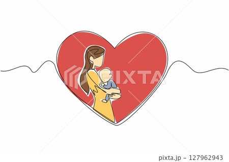 Single continuous line drawing mother hugs baby in the middle of her heart. The infinite happiness of being a young mother. Always be grateful. Family. Baby Day. One line design vector illustration 127962943