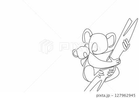 Continuous one line drawing koala carrying her baby and climbing a tree trunk. Really enjoyed climbing the eucalyptus tree. International Wild Koala Day. Single line draw design vector illustration Continuous one line drawing koala carrying her baby and climbing a tree trunk. Really enjoyed climbing the eucalyptus tree. International Wild Koala Day. Single line draw design vector illustration 127962945