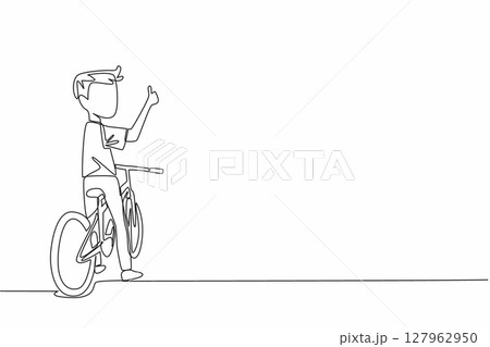 Single one line drawing boy sitting on bike looking back with thumbs up gesture. Pursue knowledge in a healthy way. Biker. National Bike to School Day. Continuous line design graphic illustration 127962950