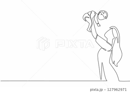 Continuous one line drawing the mother lifts the baby with both hands above her head. Wanting to make the child laugh happily. Infinite happiness. Baby Day. Single line draw design vector illustration 127962971