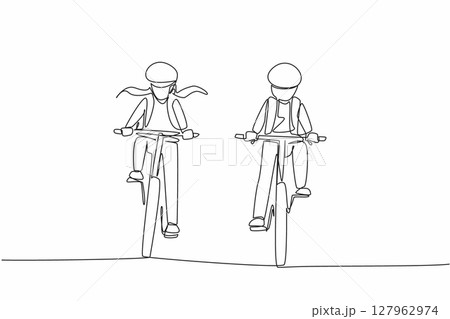 Single continuous line drawing a boy and a girl riding a bicycle side by side wearing helmets. Together is more fun. Cycling buddy. National Bike to School Day. One line design vector illustration Single continuous line drawing a boy and a girl riding a bicycle side by side wearing helmets. Together is more fun. Cycling buddy. National Bike to School Day. One line design vector illustration 127962974