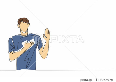 Single continuous line drawing man in casual clothes posing swear gesture. Honest and trustworthy nature. Has many friends and relations. National Honesty Day. One line design vector illustration 127962976