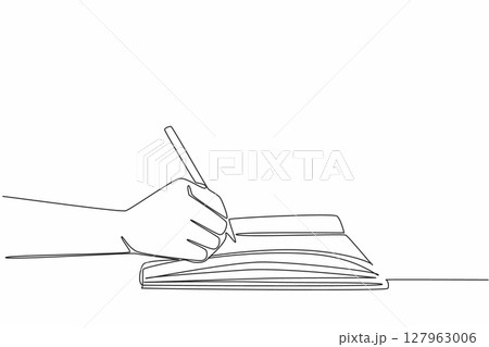 Continuous one line drawing hand writing using a pen on a thick book. Making prose. Romantic poems. Writing life stories. Author. Signature. Wordsmith Day. Single line draw design vector illustration 127963006