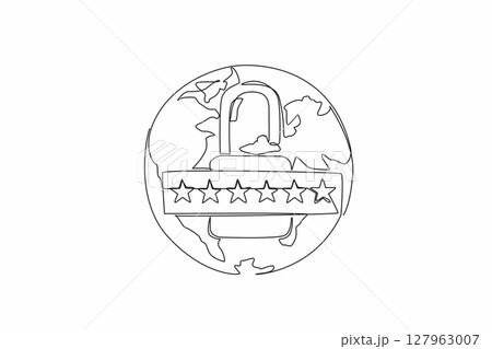 Single one line drawing globe with an open padlock in the middle. Use a unique combination of letters and numbers for the password. World Password Day. Continuous line design graphic illustration Single one line drawing globe with an open padlock in the middle. Use a unique combination of letters and numbers for the password. World Password Day. Continuous line design graphic illustration 127963007