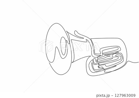 Single one line drawing tuba. A wind instrument made of metal. The tones differ due to the length and shape of the pipe. Entertainment. National Tuba Day. Continuous line design graphic illustration 127963009