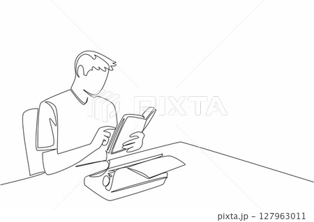 Single one line drawing man sitting holding a book and there is a typewriter with paper on it. Binding knowledge by taking notes. Writer. Wordsmith Day. Continuous line design graphic illustration 127963011