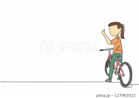 Single one line drawing the little girl sitting on bike looking back with thumbs up gesture. Gain knowledge and health. Biker. National Bike to School Day. Continuous line design graphic illustration Single one line drawing the little girl sitting on bike looking back with thumbs up gesture. Gain knowledge and health. Biker. National Bike to School Day. Continuous line design graphic illustration 127963022