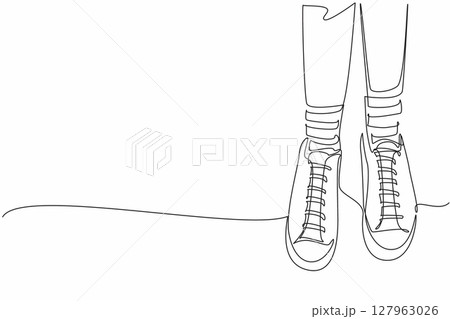 Single continuous line drawing pair of feet wearing socks with different stripes on the right and left. Everyone has the right to wear anything. Anti Bullying Day. One line design vector illustration Single continuous line drawing pair of feet wearing socks with different stripes on the right and left. Everyone has the right to wear anything. Anti Bullying Day. One line design vector illustration 127963026