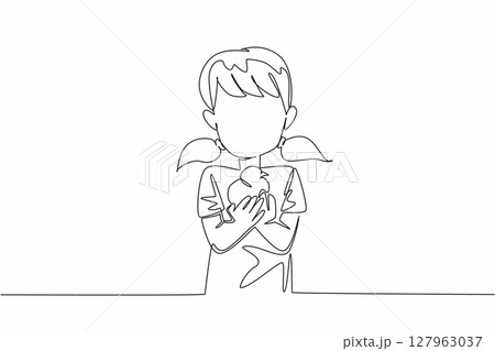 Continuous one line drawing girl holding chick with both hands. Playing with adorable chicks. Livestock. Animal pet. International Respect for Chickens Day. Single line draw design vector illustration 127963037