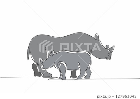 Single continuous line drawing mother rhino and baby rhino standing in opposite directions. Looking for fruit. Foraging season. Pachyderm. Save the Rhino Day. One line design vector illustration Single continuous line drawing mother rhino and baby rhino standing in opposite directions. Looking for fruit. Foraging season. Pachyderm. Save the Rhino Day. One line design vector illustration 127963045