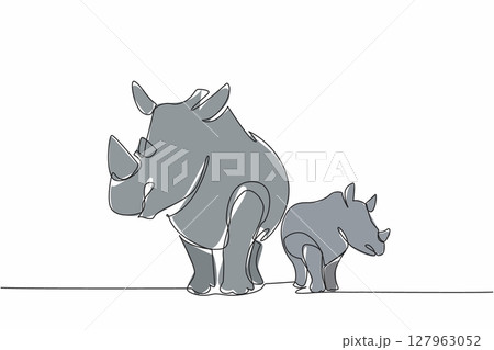 Single one line drawing mother rhino and baby rhino standing side by side and looking to the side. Observing the green safari. Habitat. Save the Rhino Day. Continuous line design graphic illustration Single one line drawing mother rhino and baby rhino standing side by side and looking to the side. Observing the green safari. Habitat. Save the Rhino Day. Continuous line design graphic illustration 127963052