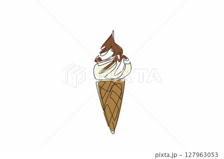 Single one line drawing vanilla ice cream cone topped with melted chocolate. Enjoy in the park. On the beach. In the summer. National Chocolate Custard Day. Continuous line design graphic illustration Single one line drawing vanilla ice cream cone topped with melted chocolate. Enjoy in the park. On the beach. In the summer. National Chocolate Custard Day. Continuous line design graphic illustration 127963053