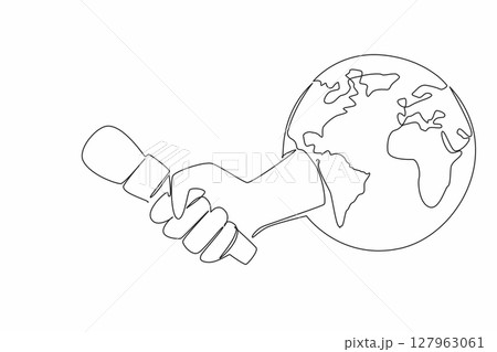 Single one line drawing the hand that comes out while holding the microphone in the middle of the globe. Threats to press freedom. World Press Freedom Day. Continuous line design graphic illustration Single one line drawing the hand that comes out while holding the microphone in the middle of the globe. Threats to press freedom. World Press Freedom Day. Continuous line design graphic illustration 127963061